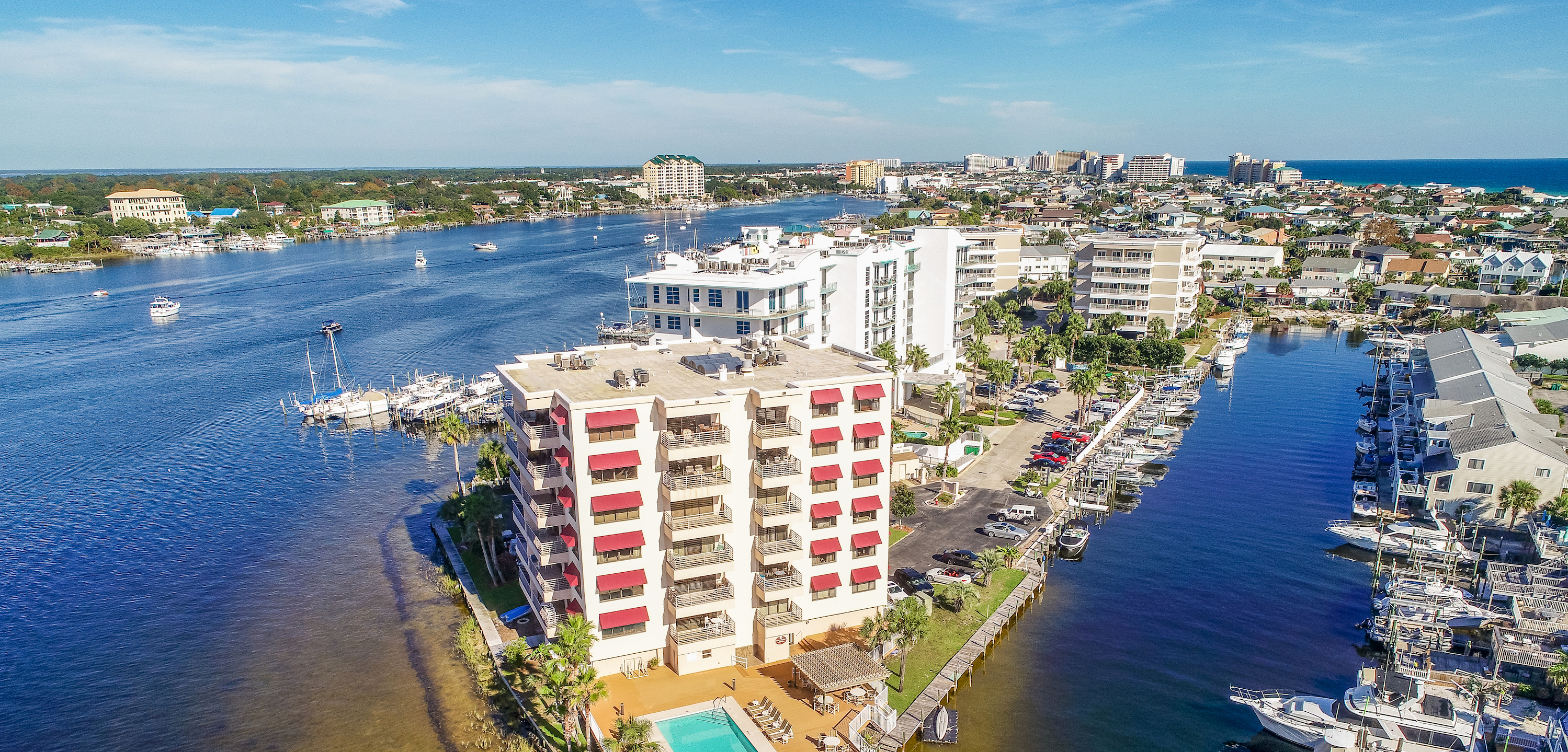 An aerial view of some of the condos along the harbor in Destin